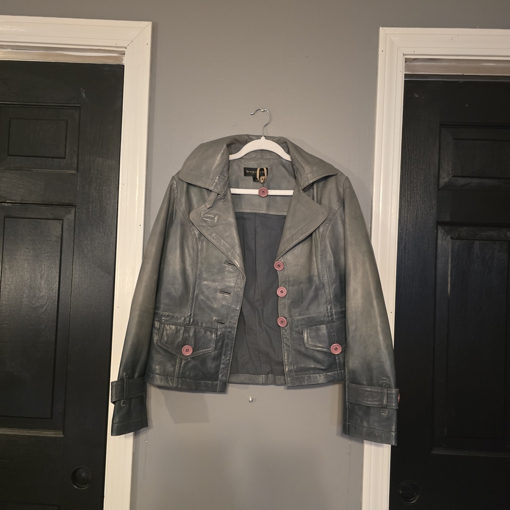 Bagatelle Women's Leather Jacket in Gray with Pink Accents